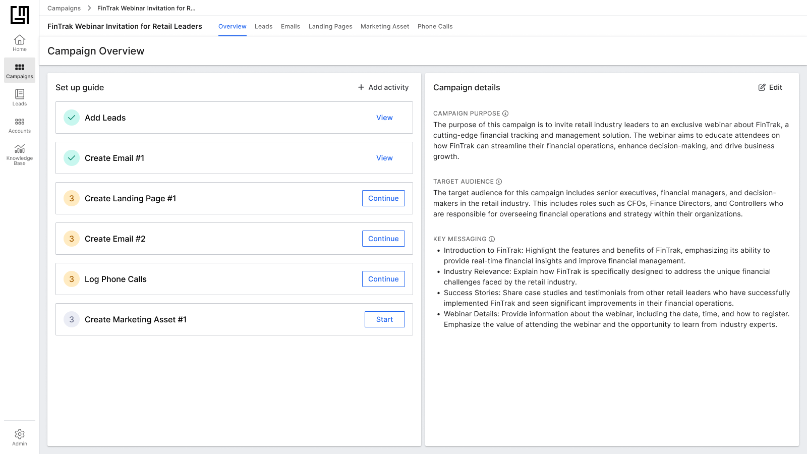 Original campaign creation — Form, tabs, and status overview
